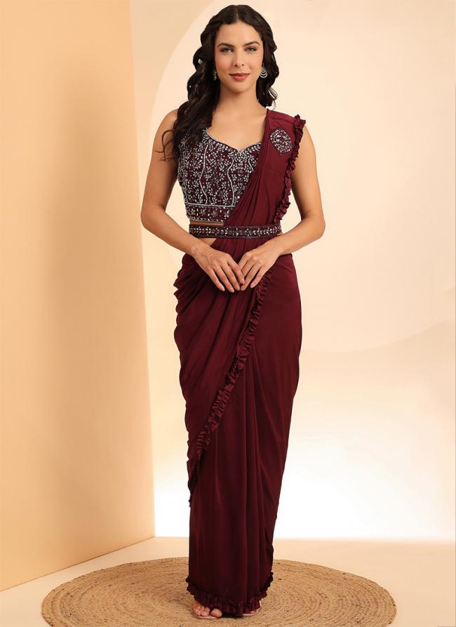 Imported Maroon Party Wear Embroidery Work Ready To Wear Saree